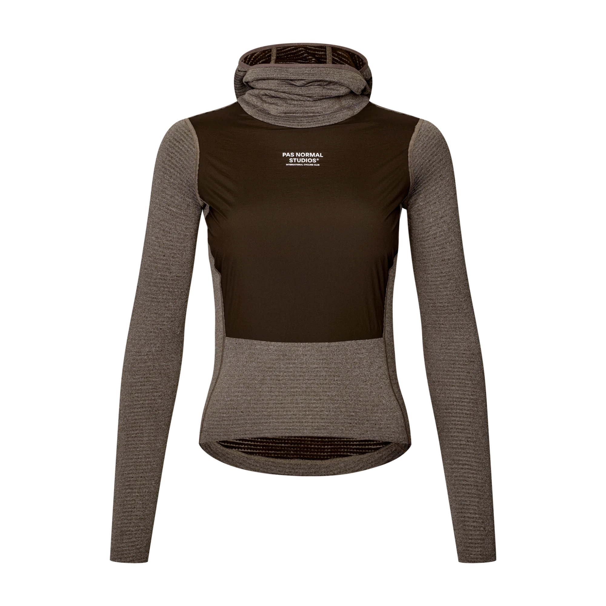 pas-normal-studios-thermal-hooded-baselayer-windproof-dam-dark-coffee Pas Normal Studios Thermal Hooded Baselayer Windproof Dam i färgen Dark Coffee